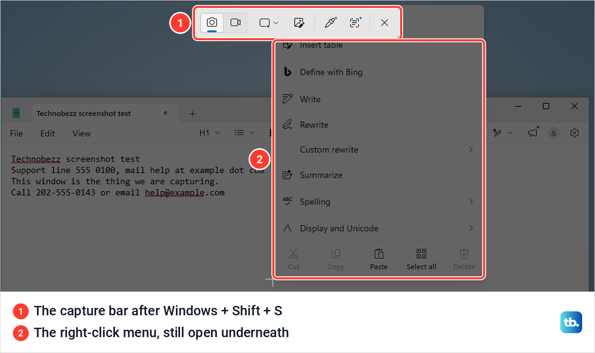 A right-click menu in Notepad still open on a dimmed screen under the Windows 11 capture bar.