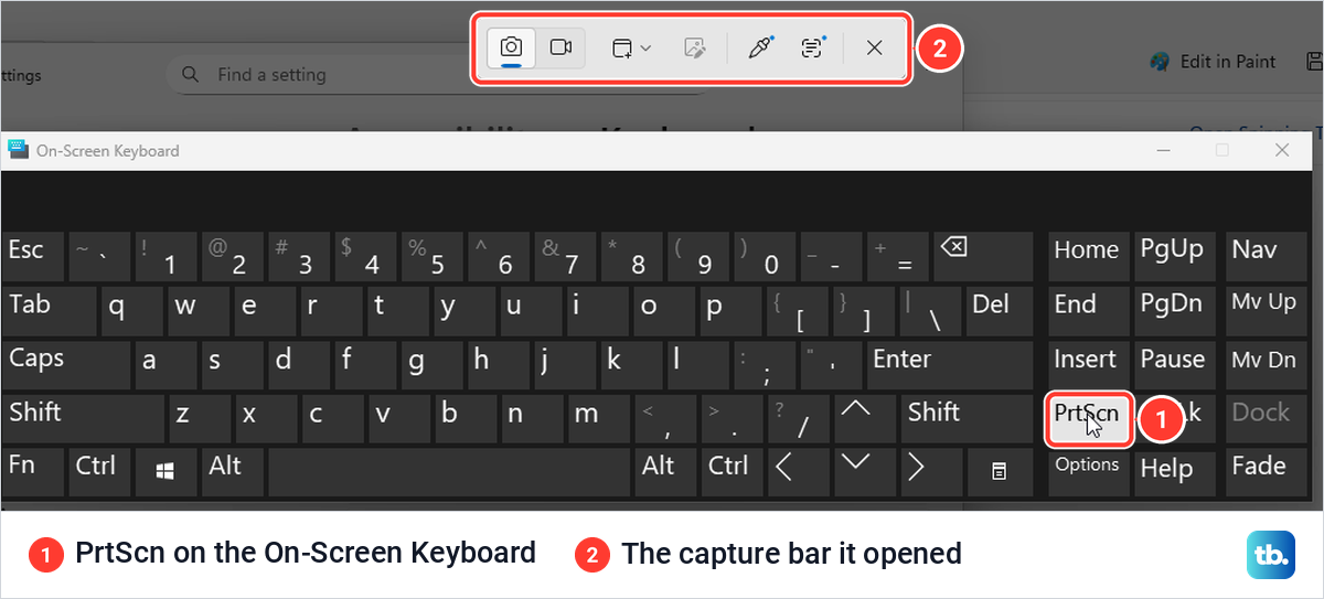 Windows On-Screen Keyboard with its PrtScn key pressed and the capture bar open above it.
