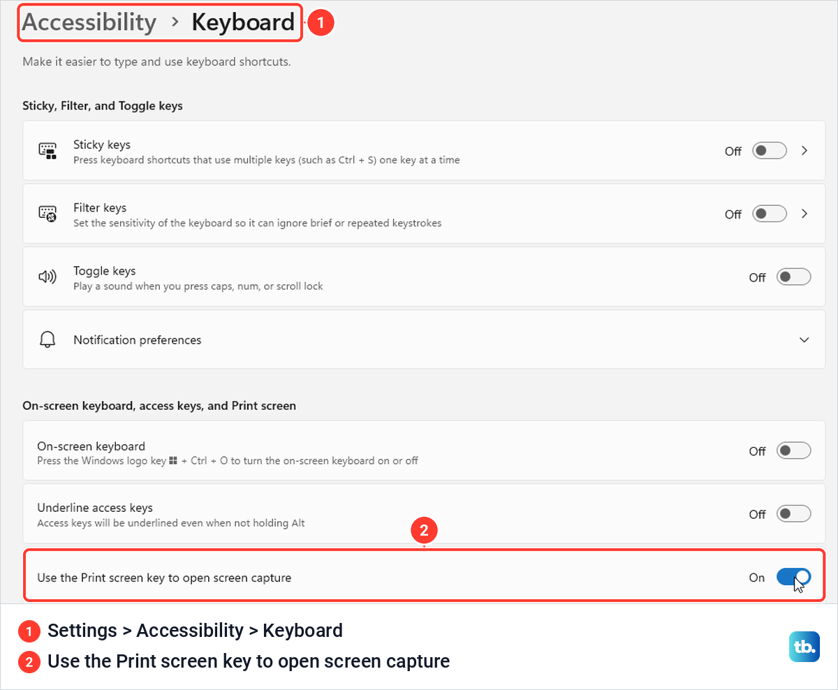 Windows 11 Settings on the Accessibility, Keyboard page with the switch Use the Print screen key to open screen capture turned on.