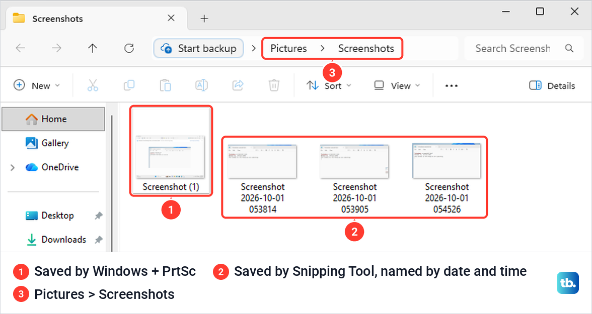 File Explorer open at Pictures, Screenshots, showing one file named Screenshot (1) and three files named with the date and time.