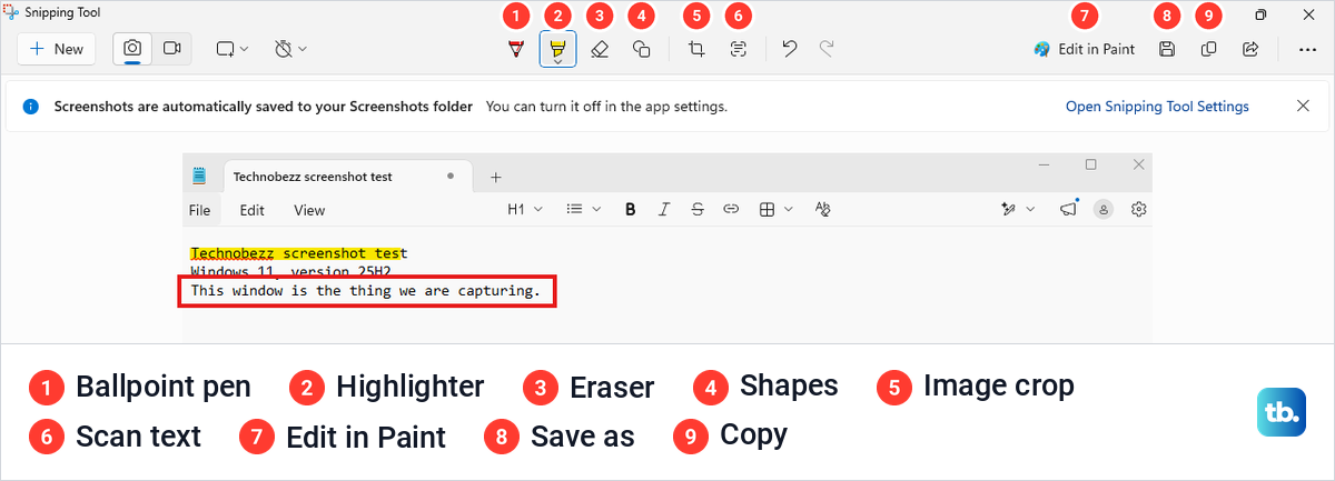 Snipping Tool editor toolbar with its buttons numbered, above a capture with one line highlighted and another boxed in red.