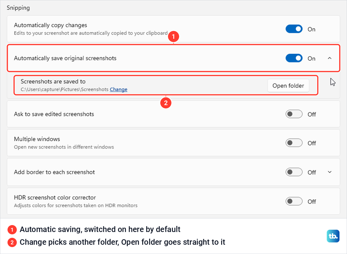 Snipping Tool settings with Automatically save original screenshots turned on and the save folder shown underneath.