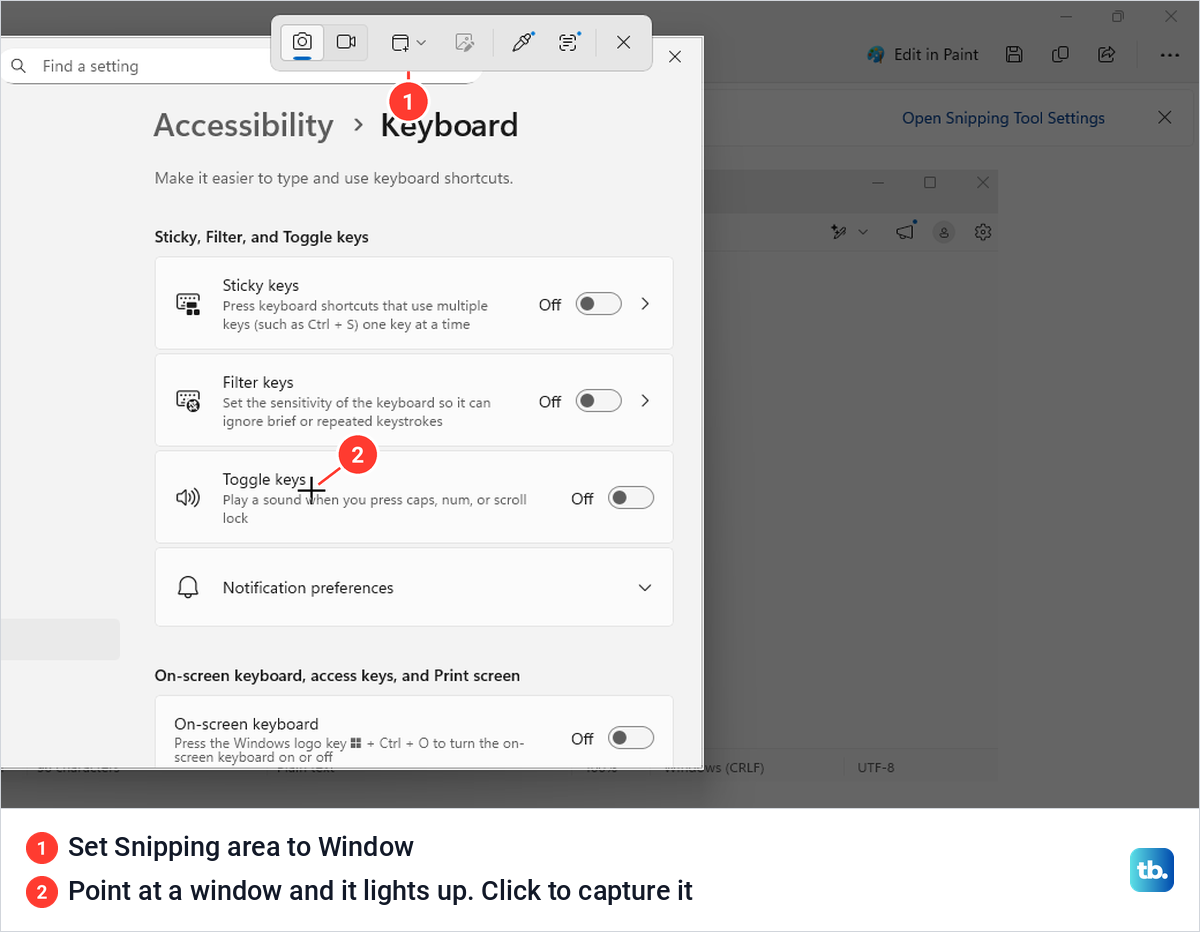 Window mode on the Windows 11 capture bar, with the Settings window lit up and the rest of the screen dimmed.