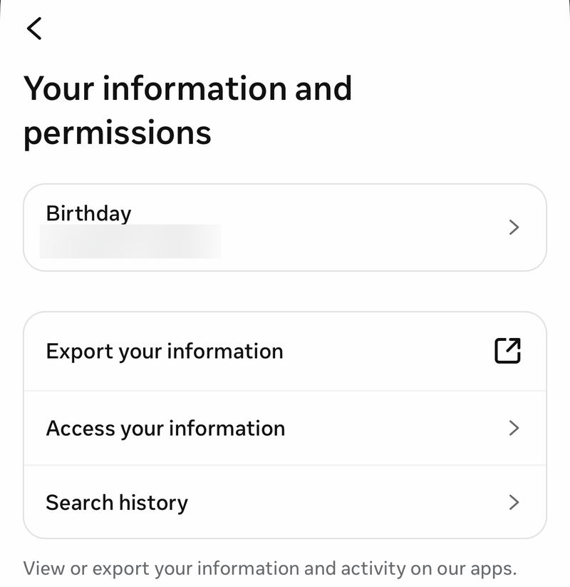 Meta Account Your information and permissions screen with Export your information and Access your information