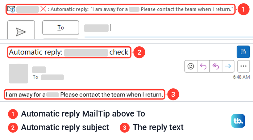 Classic Outlook new email showing an Automatic reply MailTip and the automatic reply message received afterwards.