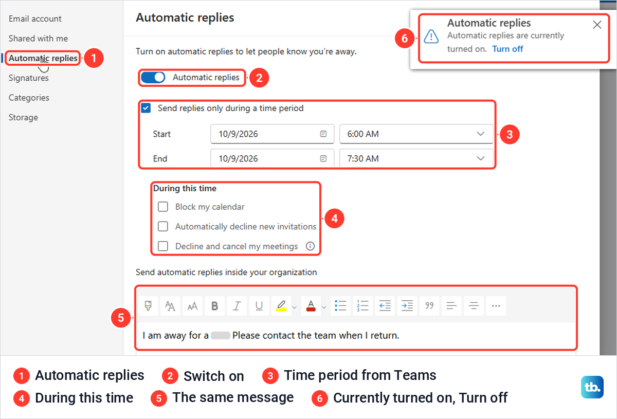 Outlook on the web Automatic replies settings turned on with the time period and message set in Teams.
