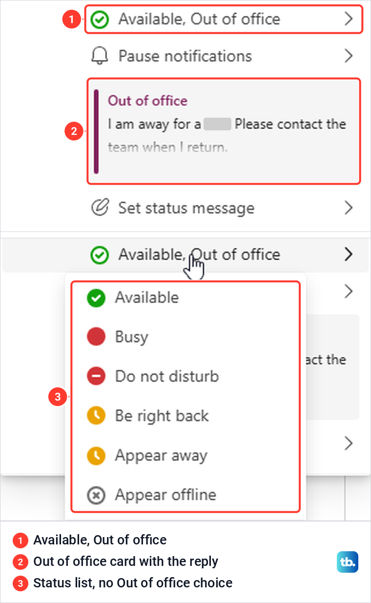 Teams profile menu reading Available, Out of office with the reply card and the status list open.
