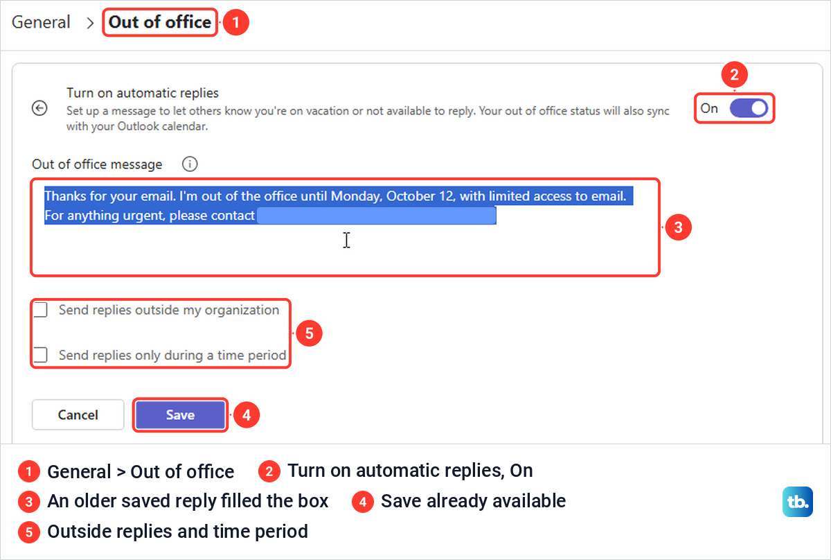 Teams for the web Out of office settings page with automatic replies on and an older reply filled in.