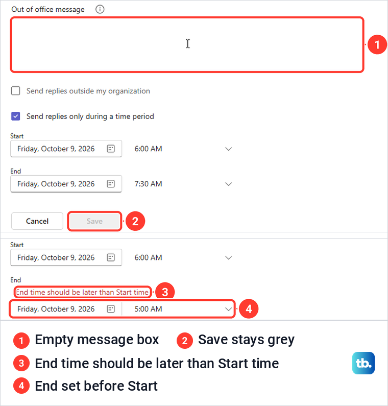Teams out of office form with an empty message and grey Save, and an end time error below.