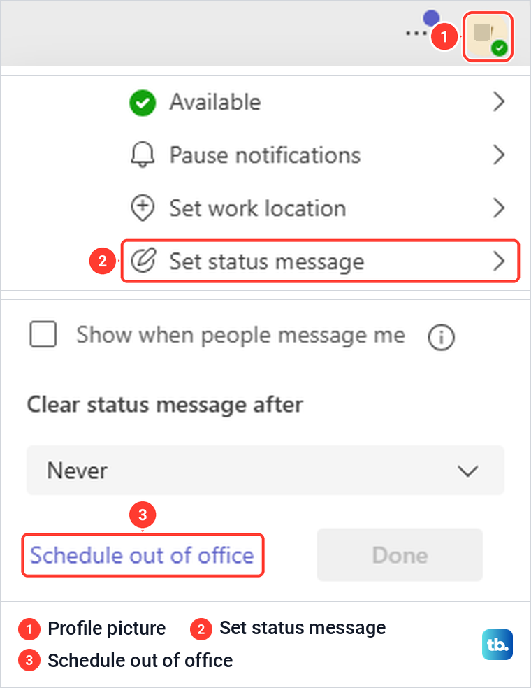 Teams for the web profile menu with Set status message and the Schedule out of office link below it.