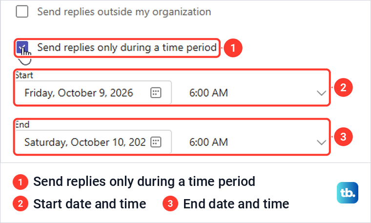 Teams out of office time period check box with prefilled Start and End date and time boxes.