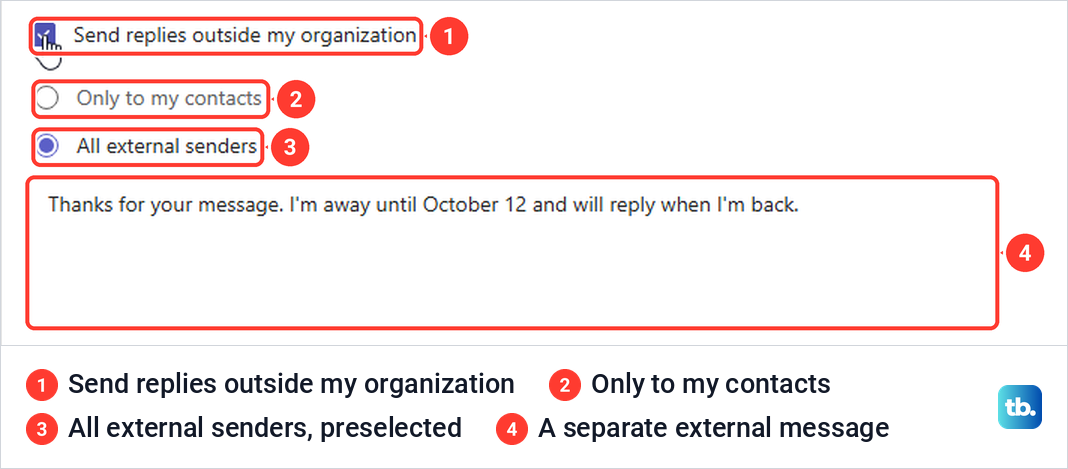 Teams out of office options for replies outside the organization with All external senders selected.
