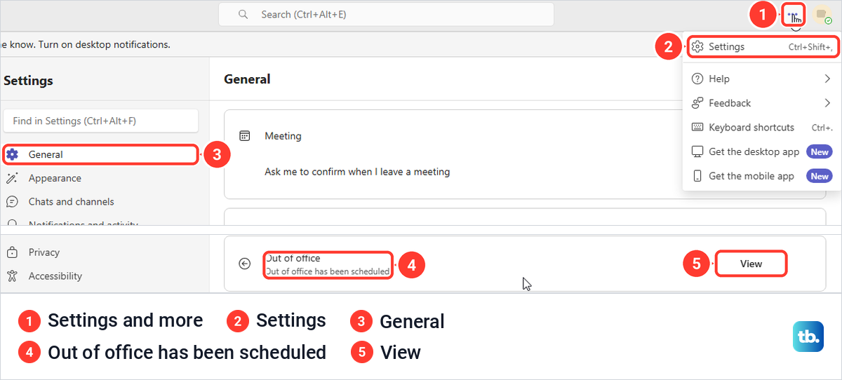 Teams Settings and more menu with Settings, the General page and the Out of office card with View.