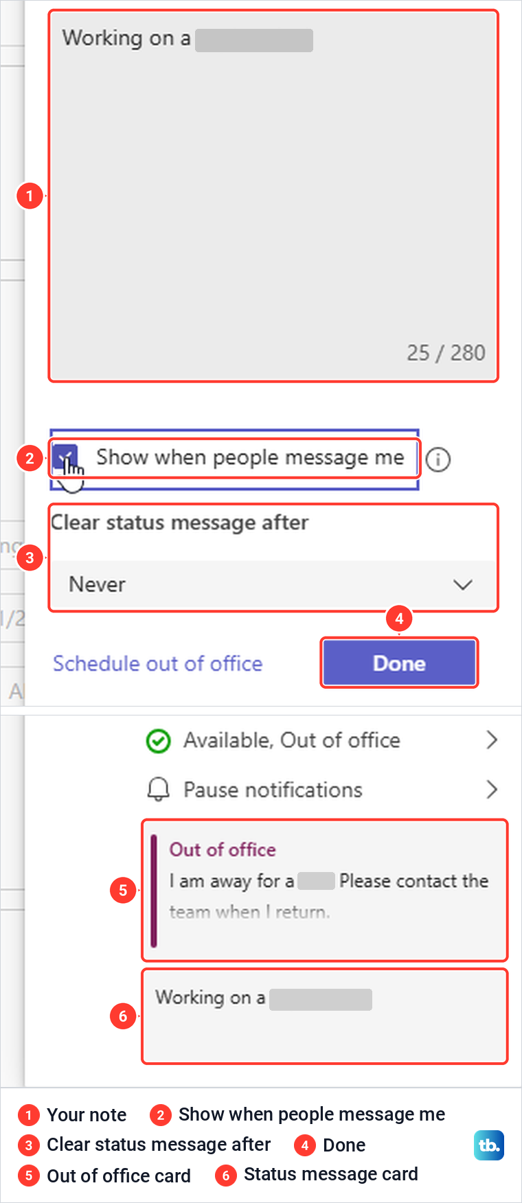 Teams Set status message panel and the profile menu showing a status message card under the Out of office card.