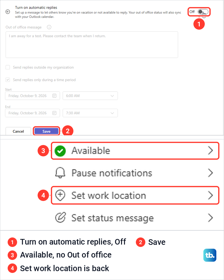 Teams Out of office page with automatic replies switched off and the profile menu back to Available.