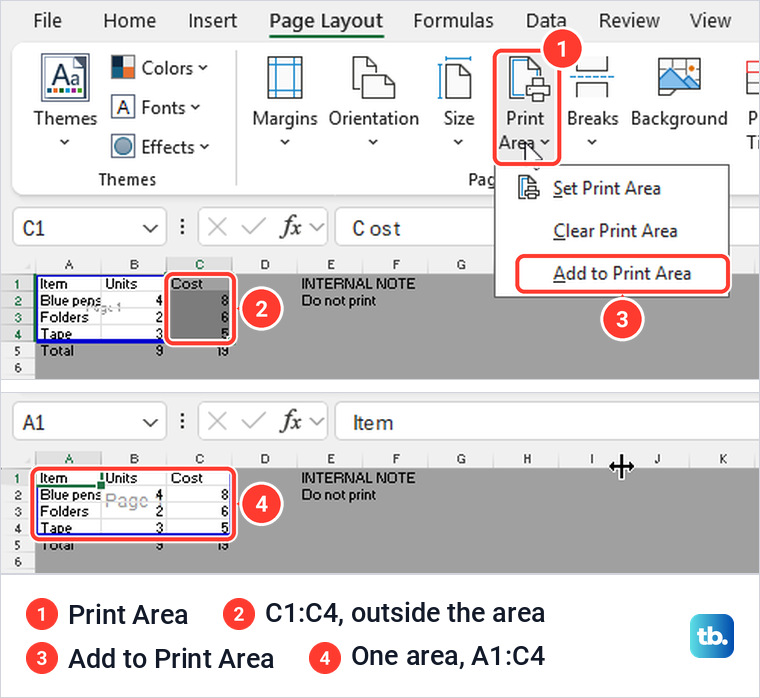 Excel Print Area menu offering Add to Print Area for cells next to the area, and the joined area after.
