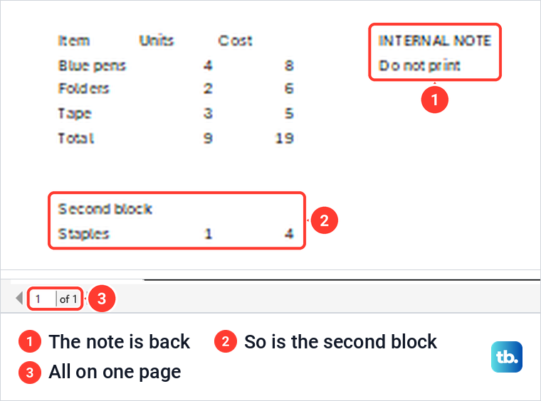 Excel print preview after Clear Print Area showing the note and second block back on one page.