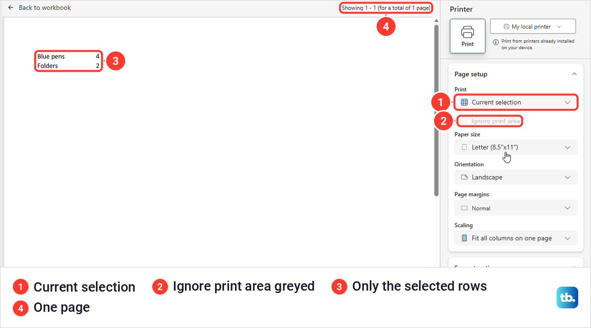 Excel for the web print page with Current selection chosen and only two rows in the preview.