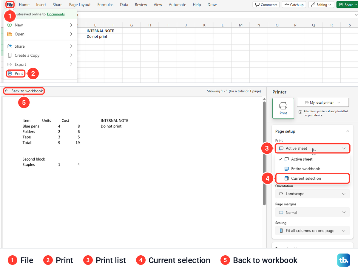Excel for the web File menu with Print, and the print page listing Active sheet, Entire workbook and Current selection.
