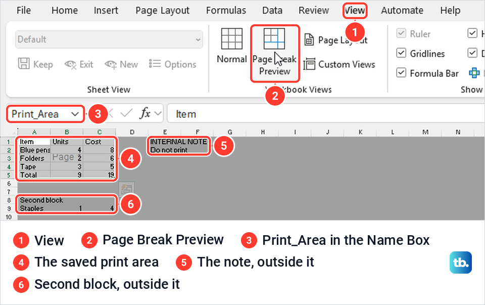 Excel Page Break Preview showing the print area as a white page and the cells outside it greyed out.