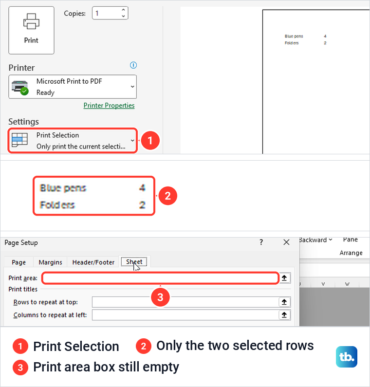 Excel print screen with Print Selection chosen, and the Page Setup Print area box still empty afterwards.