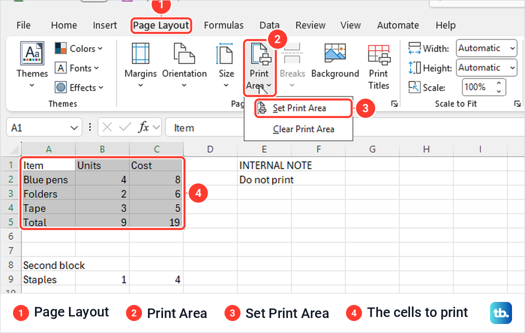 Excel Page Layout tab with the Print Area menu open and Set Print Area highlighted for cells A1 to C5.