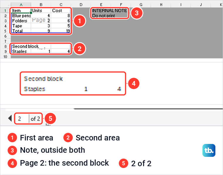 Excel Page Break Preview with two separate print areas, and the second preview page holding the second block.