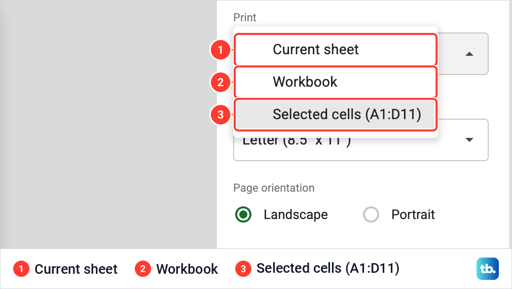 The Print list in Google Sheets Print settings offering Current sheet, Workbook and Selected cells (A1:D11).