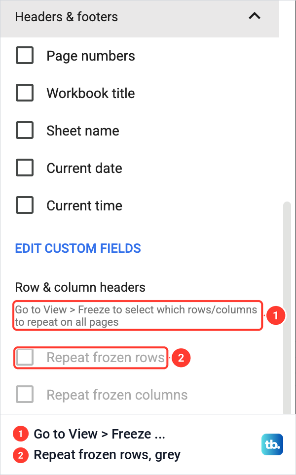 Headers and footers in Google Sheets Print settings with Repeat frozen rows greyed out while no row is frozen.