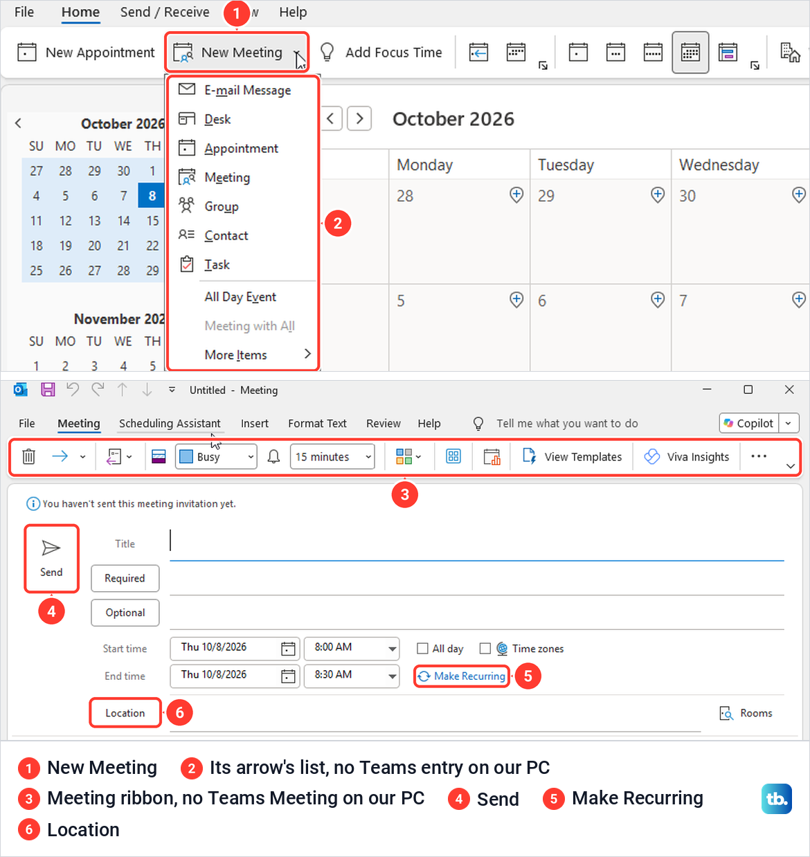 Classic Outlook calendar New Meeting menu above the blank meeting form with its Meeting ribbon.
