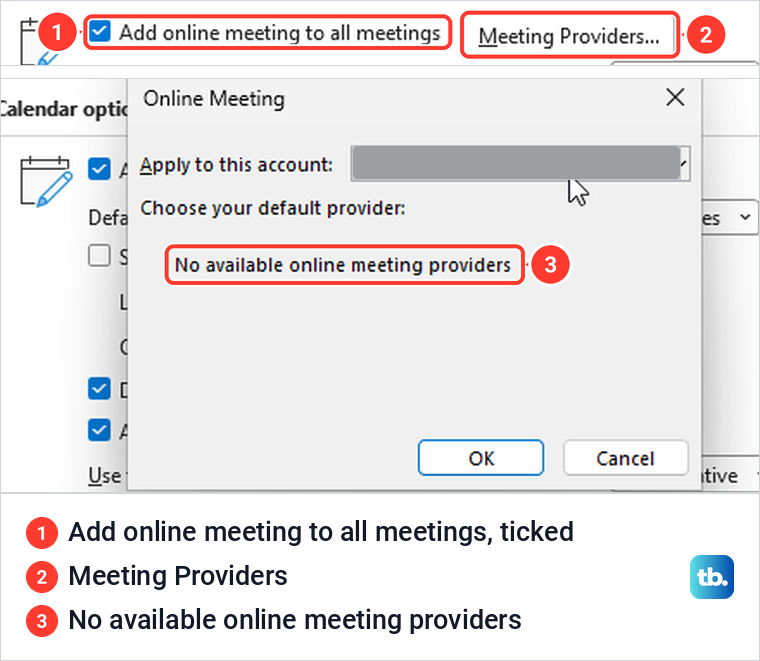 Classic Outlook calendar options with Add online meeting ticked and an Online Meeting dialog listing no providers.