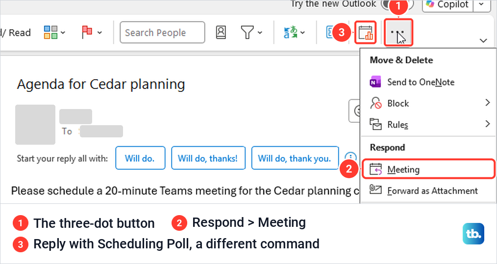 Classic Outlook Home tab overflow menu with Meeting under Respond, the Reply with Meeting command.