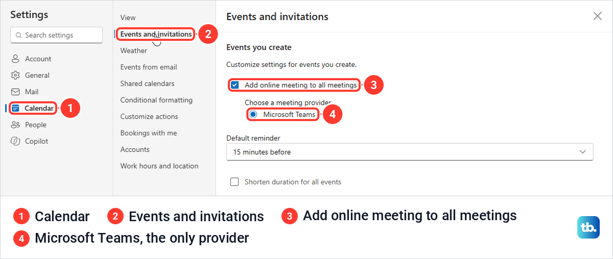 Outlook on the web calendar settings with Add online meeting to all meetings ticked and Microsoft Teams selected.