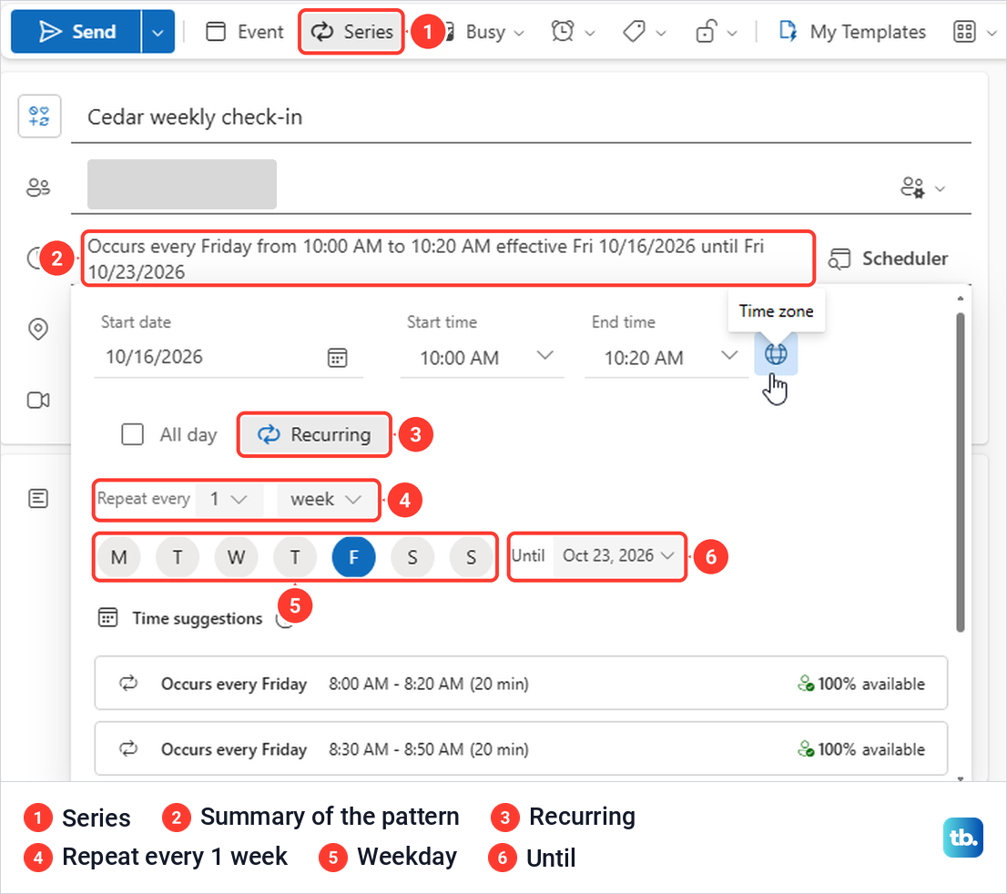 Outlook on the web event switched to Series with Repeat every 1 week, Friday selected and an Until date.