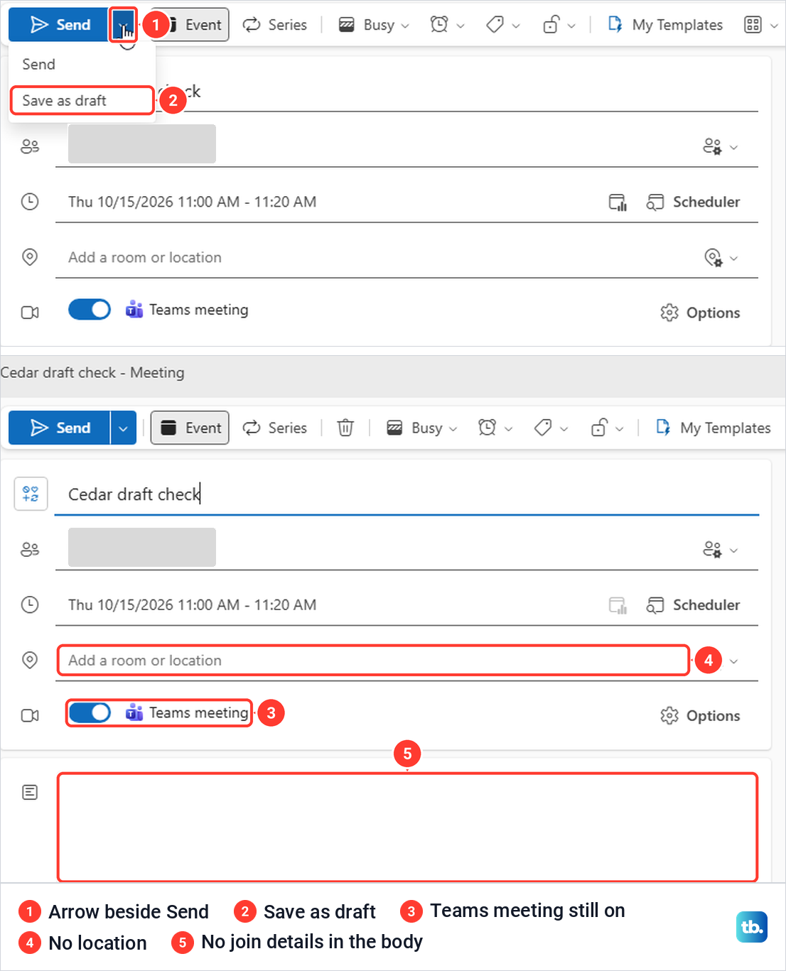 Outlook on the web Send menu with Save as draft, then the reopened draft with no join details.