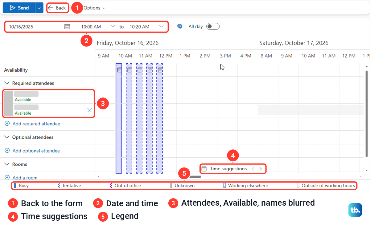Outlook on the web Scheduler grid showing two required attendees marked Available for the meeting time.