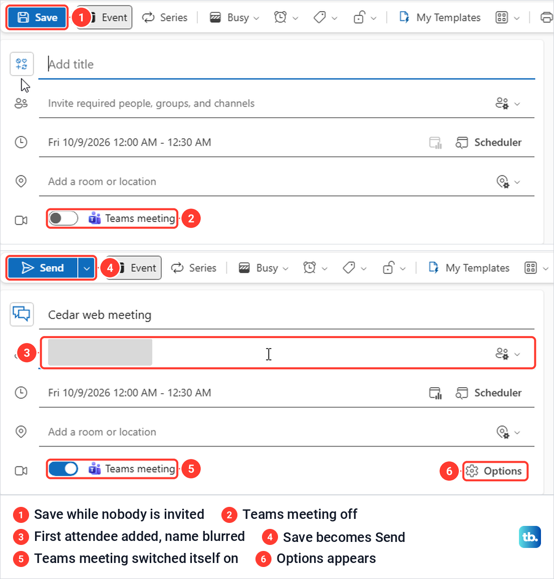 Outlook on the web New event form before and after adding an attendee, with the Teams toggle changing.