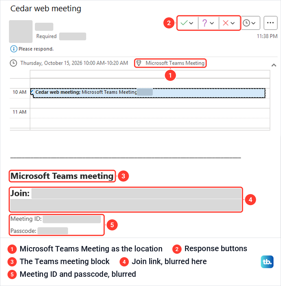 Teams meeting invitation received in classic Outlook with the join link, meeting ID and passcode blurred.