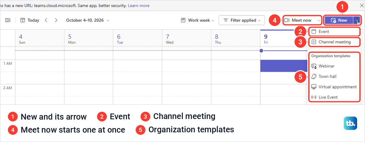 Teams calendar in Work week view with the New menu open showing Event and Channel meeting.