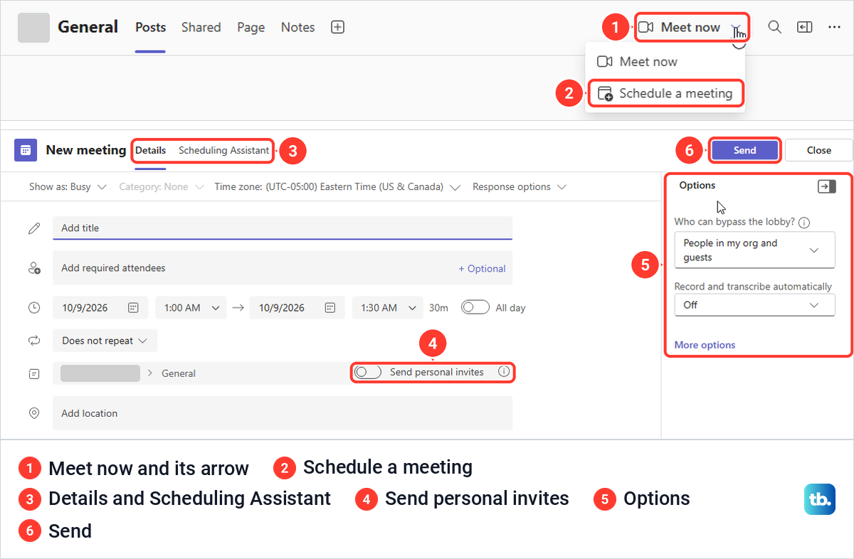 Teams channel Meet now menu with Schedule a meeting, above the channel New meeting form.