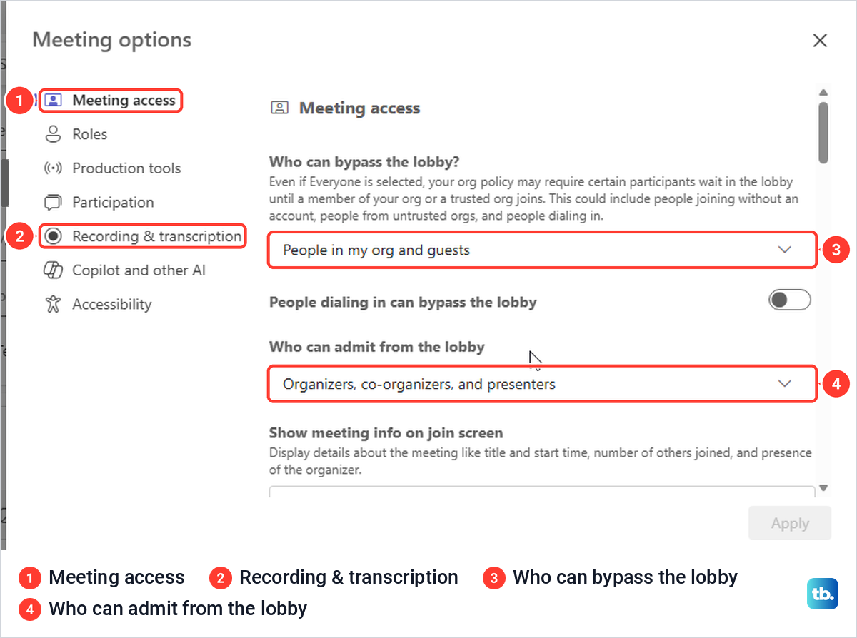 Teams Meeting options window open before sending, showing the Meeting access lobby settings.