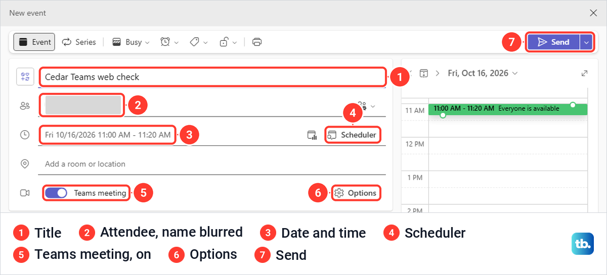 Teams New event form with a title, one attendee, a time and the Teams meeting toggle on.