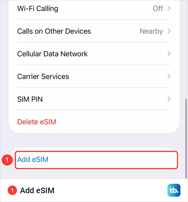 Cellular settings on an iPhone 18 Pro Max with Wi-Fi Calling, Calls on Other Devices, Cellular Data Network, Carrier Services and SIM PIN rows, a red Delete eSIM row and, below it, Add eSIM in a red box