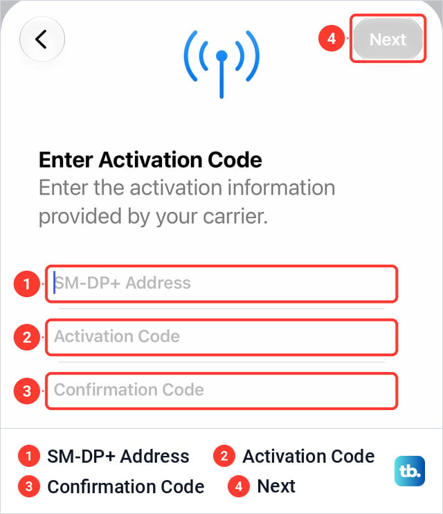 Enter Activation Code screen on an iPhone 18 Pro Max with empty SM-DP+ Address, Activation Code and Confirmation Code fields and a gray Next button at the top right