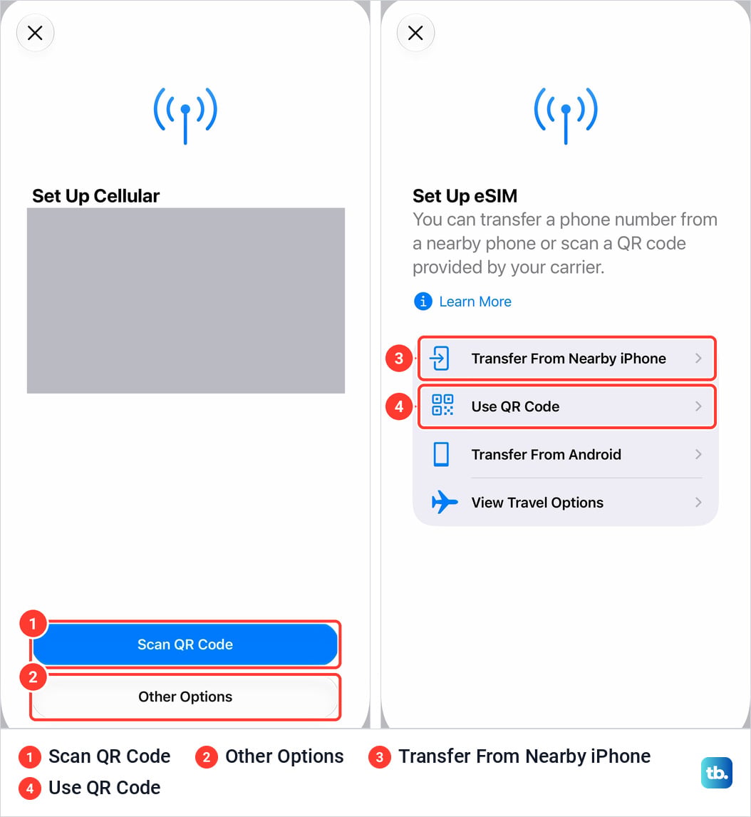 Two iPhone 18 Pro Max sheets side by side, Set Up Cellular with Scan QR Code and Other Options buttons, and Set Up eSIM with Transfer From Nearby iPhone, Use QR Code, Transfer From Android and View Travel Options rows