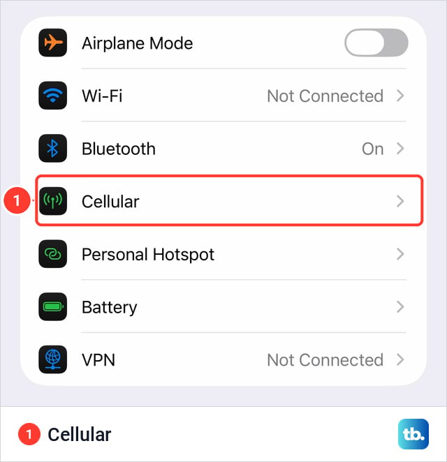 Settings list on an iPhone 18 Pro Max with Airplane Mode, Wi-Fi, Bluetooth, Cellular, Personal Hotspot, Battery and VPN rows, and a red box around Cellular