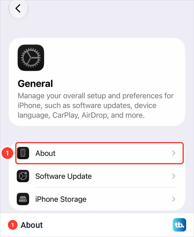 General settings on an iPhone 18 Pro Max with About, Software Update and iPhone Storage rows and a red box around About