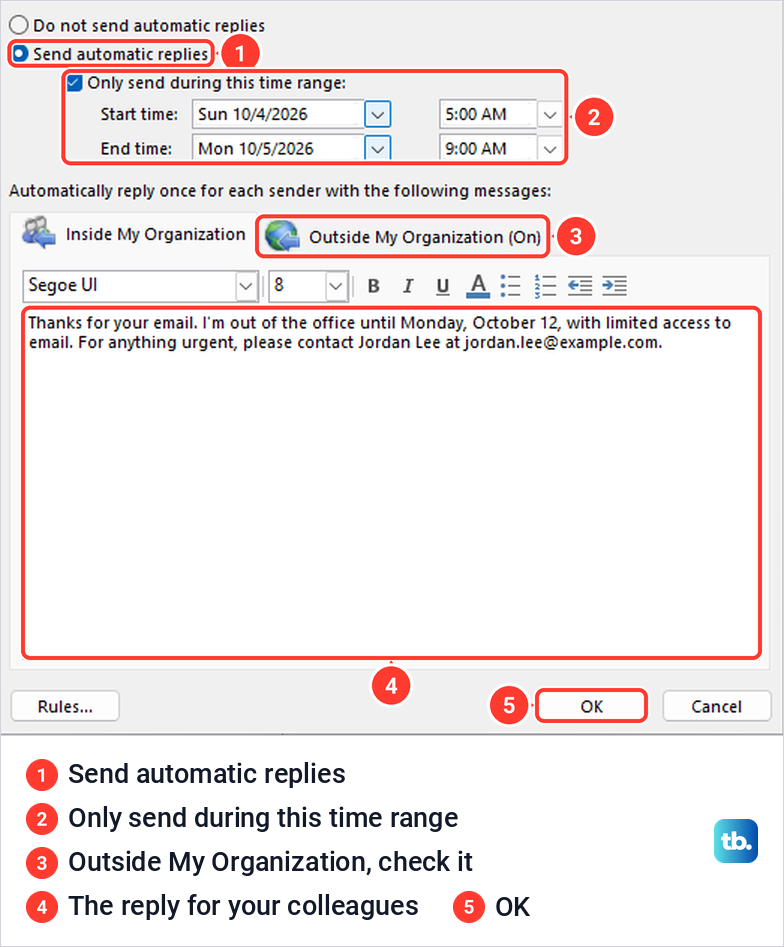 Classic Outlook Automatic Replies dialog with Send automatic replies selected, a time range set and an inside reply typed.