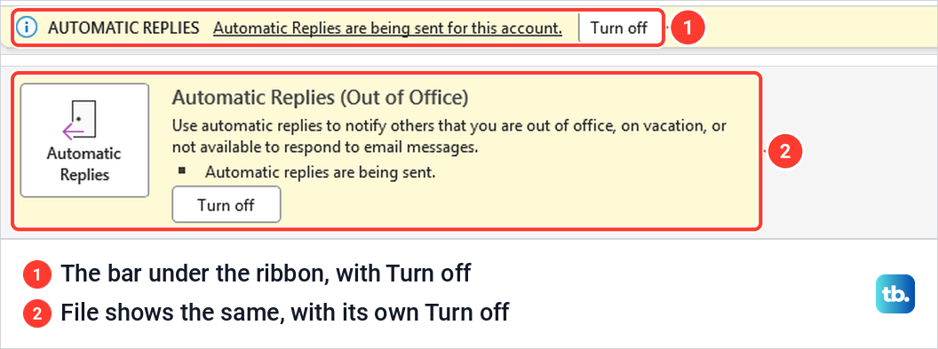 Classic Outlook yellow Automatic Replies bar with Turn off, and the yellow Automatic Replies block on the File tab.