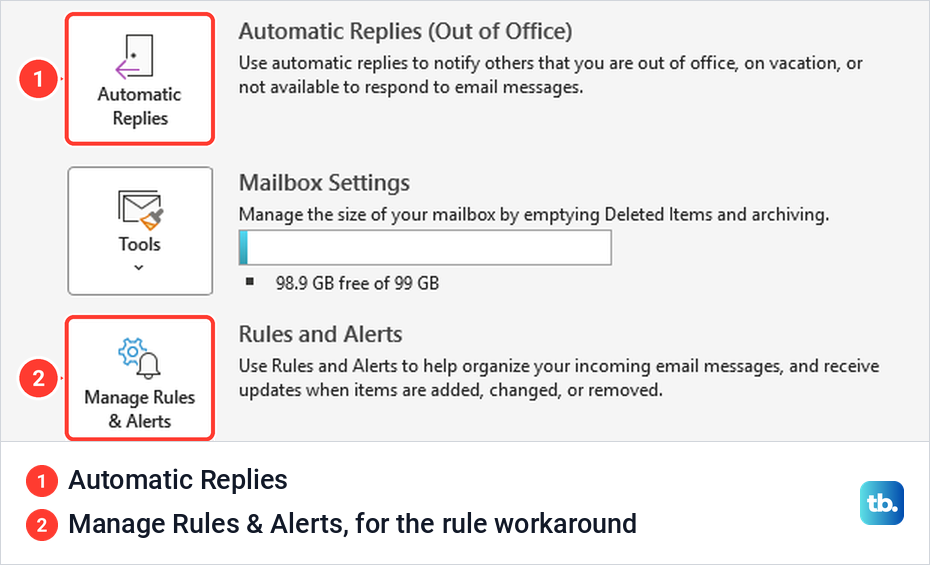 Classic Outlook File tab showing the Automatic Replies button and Manage Rules and Alerts further down.